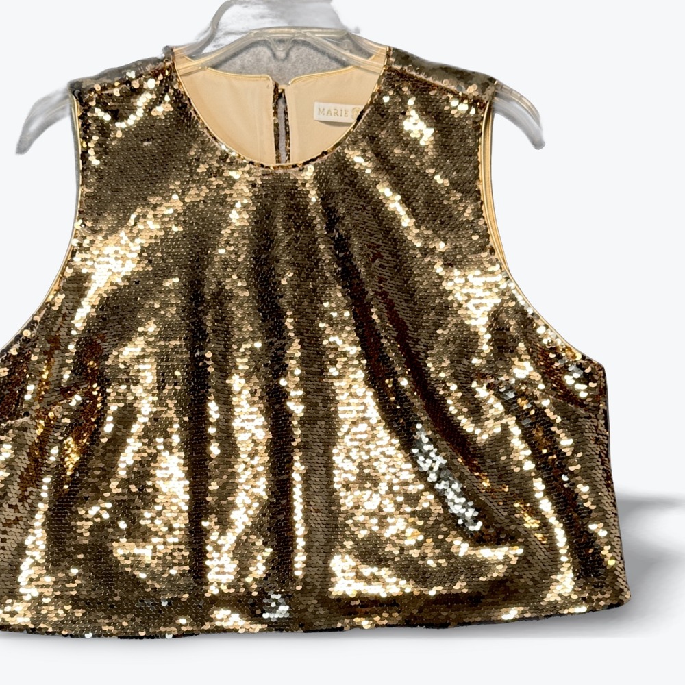 Marie Oliver Davis Sleeveless Crop Top Gold Sequins Tank Blouse Medium NEW